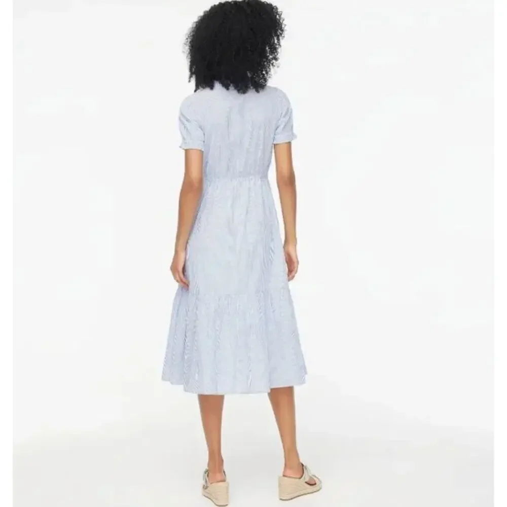 J.Crew Striped Ruffleneck Puff Sleeve Midi Dress Cotton White Blue US 8 NWT